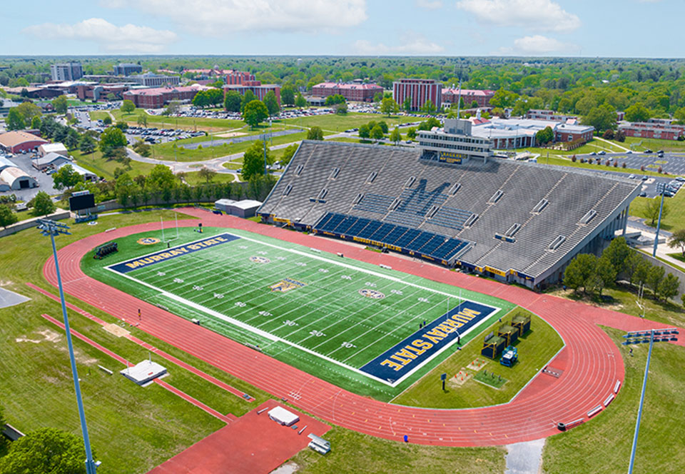 Aerial view of stadium and track