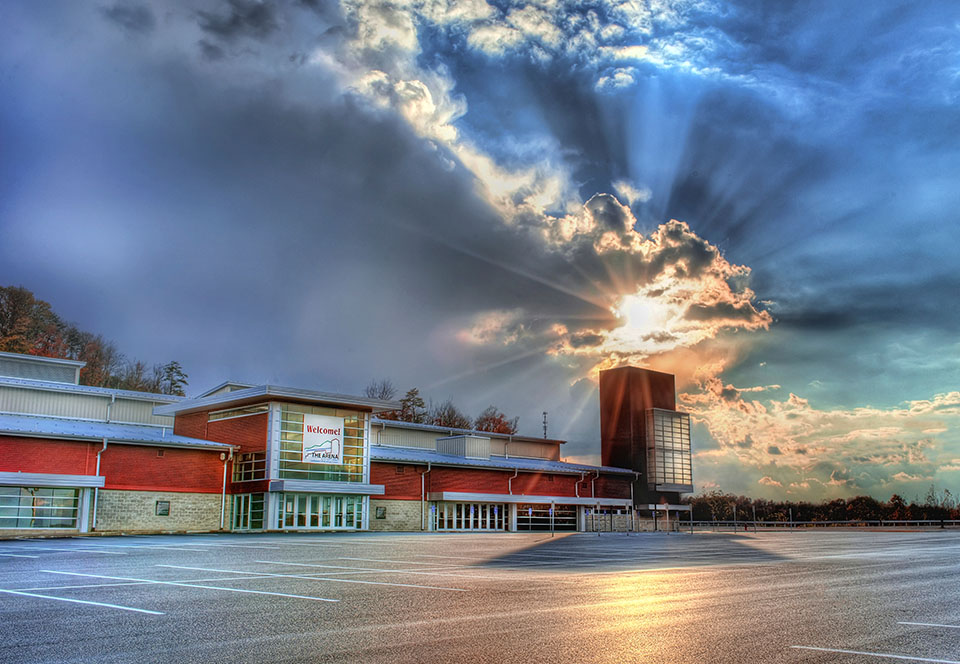 Outside arena at sunset